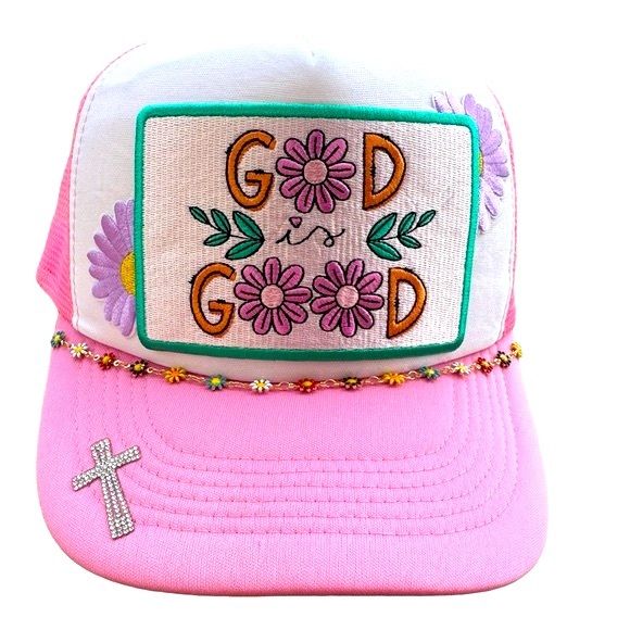 God Is Good Pink Floral Patch Trucker Hat Cap with Floral Chain - Picture 8 of 8